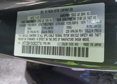 2022 Mazda Cx-9 Sport z USA, uszkodzony, nr VIN JM3TCBBY0N0603774